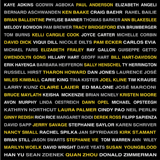 Art by Heidi L. Everett: on a black background, names in block capital letters, white, gold, and grey, of this issue's reviewers.