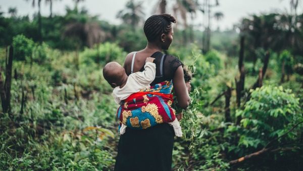 A Black woman with cornrowed hair carries a bald baby in a bright red, yellow, and blue back carrier. She is holding green-leaved sticks in front of her.