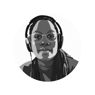 Vector-style portrait of Keisha E. McKenzie. Keisha is looking warmly into the camera, wearing wired over-ear headphones, a dark crew neck sweater, and round translucent glasses.